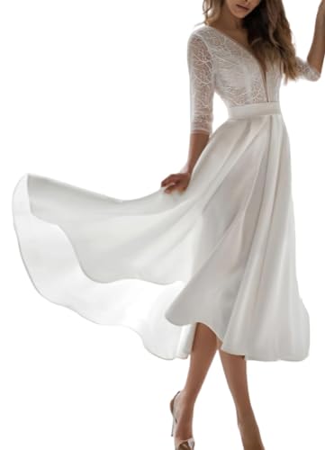 Beyonddress Midi Brautkleider für Braut Spitze Ärmel Hochzeitskleider für Frauen Satin Abendkleider H-Elfenbein,DE42