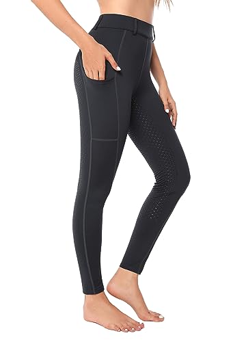 Havideto Reitleggings Damen Vollbesatz mit Handytasche, High Waist Reithose Damen Mädchen Stretch mit Gürtelschlaufen Grau S