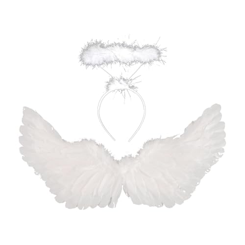 GWAWG 2Stück 60CM Engelsflügel Weiß mit Heiligenschein,Engel Kostümzubehör Set Weiße Engelsflügel Deko Federflügel Engel Feder-Engelsflügel Weiße Engel Kostüm Damen für Damen und Mädchen Party