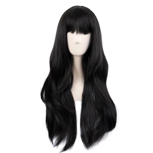 MapofBeauty 28 Zoll/70 cm Länge Flacher Pony Synthetische Faser Wavy Cosplay Partys Täglich Verwendungszwecke Heat Widerstandsfähig Perücke (Schwarz)