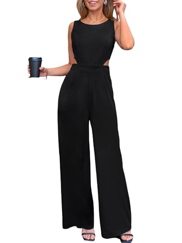 CUPSHE Damen Jumpsuit Cutout Rundhals Ärmellos Overall Rückenfrei Weites Bein Lang Playsuit Elegant Büro Hosenanzug Schwarz M