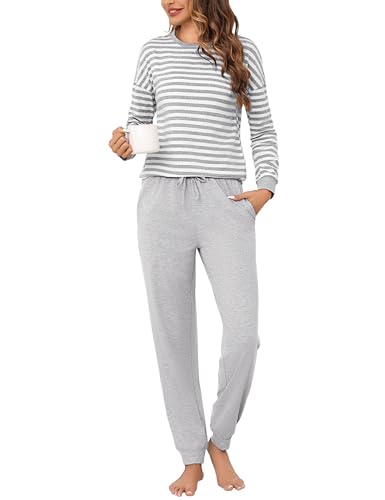 Bresdk Pyjama Damen Lang Baumwolle Frauen Nachtwäsche Baumwolle Schlafanzug mit Bündchen Grau M