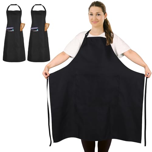 FunChaos 2 Stück Übergröße Kochschürze, Schwarze Schürze, Unisex Küchenschürze mit 2 Taschen zum Kochen, Grillen, Arbeiten, Professionelle Schürze für Kellner, Künstler, Friseur (Große Größe)