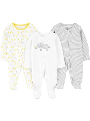 Simple Joys by Carter's Unisex Baby 3-Pack Neutral Sleep and Play Kleinkindschläfer, Hellgrau Ministreifen/Weiß Elefant/Giraffe, 6-9 Monate (3er Pack)
