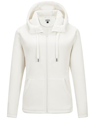 Outdoor Ventures Damen Fleecejacke mit Kapuze Frauen Fleecemantel Warme Sweatjacke mit 6 Taschen Hoodie Damenjacke mit Durchgehendem Reißverschluss für Laufen, Wandern und Freizeit Wollweiß L