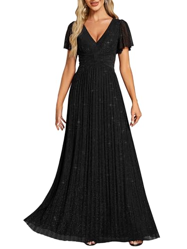 Ever-Pretty Kleid Elegant Damen Festlich Lang Ballkleid Maxi Hell Abendkleider Elegant für Hochzeit A Line Kurze Ärmel Schwarz 46