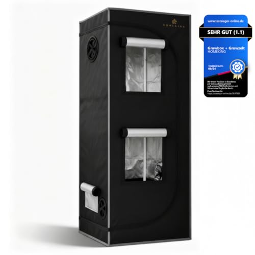 HOMEKING Growzelt 60x60x180 | Professionelle Zuchtzelte für Hydrokulturen | Wasserdicht, Lichtdicht 1680D & Hohe Erträge | Perfekt für Indoor Gewächshaus Hydroponic System | Farbe: Grau/Schwarz