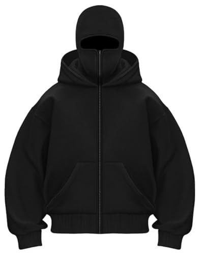 OLIPHEE Herren Kapuzenpullover Winter mit Sturmhaube Casual Hoodie Herren mit Reißverschluss und Tasche Winddicht Warme Jacke Herren Sweatshirt Locker Aschwarz M