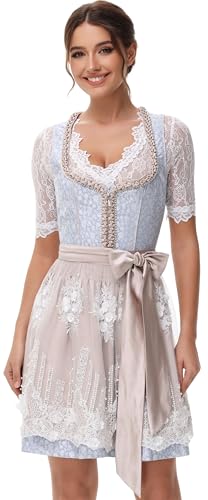 TrendiMax Trachten Damen Dirndl Midi Dirndlkleid Trachtenkleid Elegantes Kleid für Oktoberfest, inkl. Spitzenschürze 50CM, Hellblau, 42