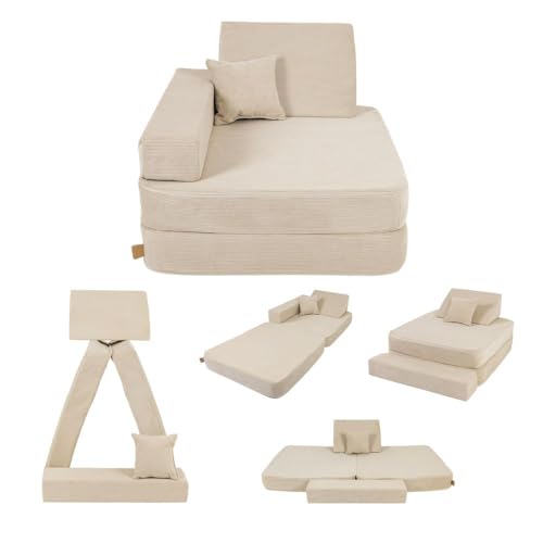 Angelove Kindersessel 3‑in‑1 - Faltbare Kindercouch & Spielmatratze aus Cord, Bequemer Spielsofa‑Sessel ab 1 Jahr, Beige