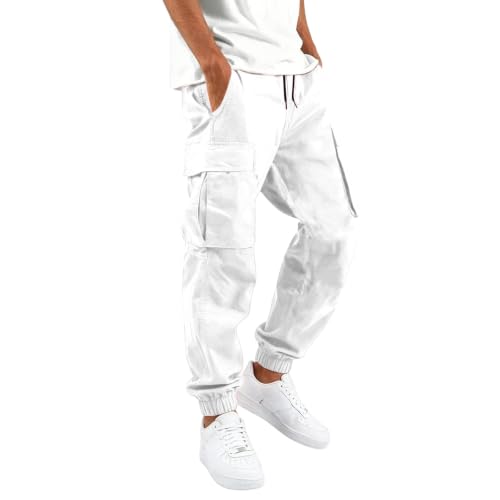 Generisch Herren Arbeitshose, Cargohose Herren: Arbeitshosen Männer Bequem Stretch Wanderhose Mit Taschen Arbeitshose Elastischer Bund Outdoorhose Cargo Hosen Freizeithose White 4XL