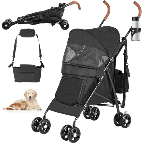 YITAHOME Hundebuggy Bis 11,3kg Klappbar, Katzenwagen, 360°Verschleißfeste EVA-Räder, Ablagekorb, Netzfenstern, Getränkehalter, Hundewagen für hunde, Katzenbuggy (Schwarz)