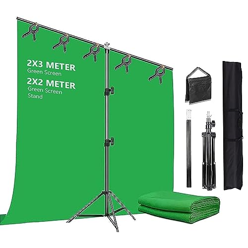 Greenscreen Hintergrund mit Ständer 2m x 2m, Green Screen 2m x 3m mit Verstellbarer Hintergrund Ständer 5 Hintergrund Klemmen und Sandsack für Fotoshooting Streaming Gaming