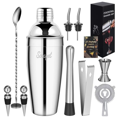 Sosayet Cocktail Shaker Set, 10-teiliges Edelstahl Cocktail Set mit Zubehör & Rezeptkarten, 750 mL Barkeeper Set für Anfänger & Profis - Geschenk für Männer