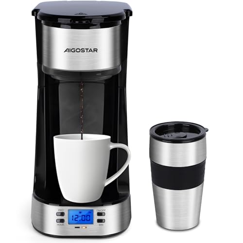 Aigostar Coffey - Kaffeemaschine mit Thermobecher, 420 ml Filterkaffeemaschine Mit 24h-Timer, LCD-Anzeige, AutoClean-Funktion, Tragbare klein Kaffeemaschine für gemahlenen Kaffee, 700W, Schwarz