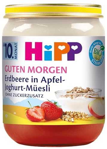 HiPP Bio Guten Morgen Erdbeere in Apfel-Joghurt-Müesli (6 x 160g), ab 10. Monat, ohne Zuckerzusatz, mit wertvollem Calcium, in bester Bio-Qualität
