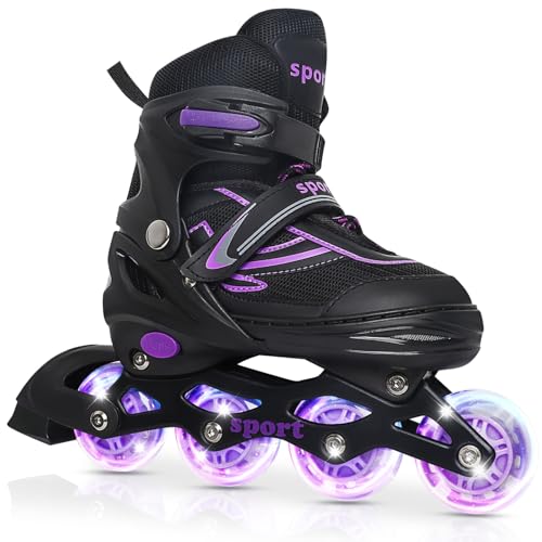 LOKJIJI Einstellbare Inline Skates für Kinder Mädchen Jungen Anfänger, Inline Skates mit Light Up Räder für Kinder und Jugendliche für drinnen draußen Sport Schwarz & Violett (Small)