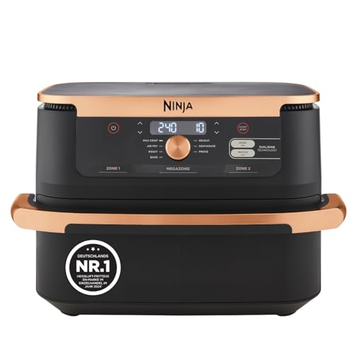 Ninja Foodi FlexDrawer Dual Zone Heißluftfritteuse, Air fryer mit 10,4-Fach und herausnehmbarem Trenner, Antihaftbeschichtung, spülmaschinenfester Korb, 7-in-1, Schwarz & Kupfer, AF500EUCP