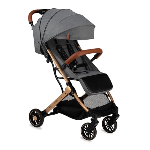 MOMI ESTELLE Kinderwagen für Kinder ab 6 Monat bis zu max körpergewicht von 15 kg, klappbar auf die Maße 65 x 51 x 21 cm, gewicht 7,5 kg, 5-Punkt-Sicherheitsgurt, koffer, grau-gold, Räder 6''/6,5''