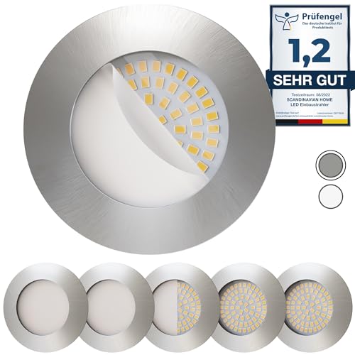 Scandinavian home 6er Set LED Einbaustrahler 230V 4,5W Warmweiß 60mm - 70mm I Badezimmer geeignet I CRI 90 500lm 3000K 68mm I Edelstahl mit Milchglas I Spots Deckeneinbauleuchte I LED Spot flach
