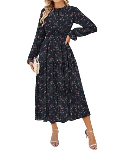 Damen Maxikleid Elegante Langarm A Linie Sommer Chiffon Blumen Boho Kleid mit Taschen CL0211-08/Dunkelblau XL
