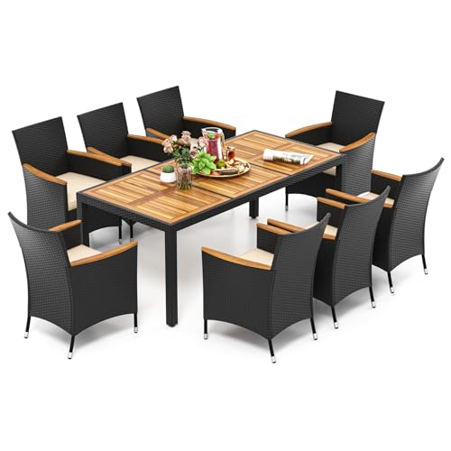 COSTWAY 9 TLG. Rattan Gartenmöbel Set, Sitzgruppe für 8 Personen, Gartentisch mit Tischplatte aus Akazienholz, 8 Stühle & Kissen, Terrassenmöbel Set, Gartengarnitur, Sitzgarnitur, Essgruppe