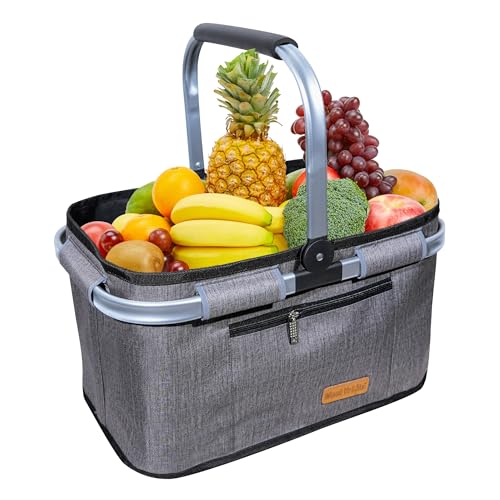 ABIUBIU 35L Einkaufskorb Großer Picknickkorb mit gepolsterten Griffen Praktischer Faltbarer Korb Einkaufstasche mit Aluminiumrahmen Stabiler Korb Reisen/Picknick/Einkaufen