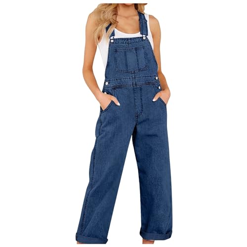 Latzhose Damen Weite Bein Jumpsuit Jeans-Latzhose Blau Jeans Damen Overall Loose Fit Baggy Playsuits Sommer Boho Strampler Ärmellos Riemchen Overalls Casual Adjustable Bib Pants
