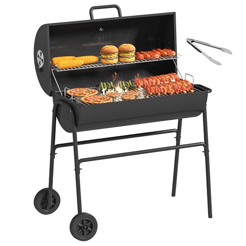 YITAHOME M Grillwagen Smoker Holzkohlegrill mit Gusseisenrost & Emaille-Pfanne - Mobiler BBQ Grill für Garten, Camping, Outdoor - Inkl. Thermometer, Küchenzange, Grillhandschuh, Robustes Design