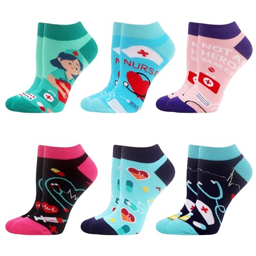 WeciBor Damen Lustige Bunte Sneaker Kurze Socken, 6 Paar Mehrfarbig Krankenschwester, Größe 39-42