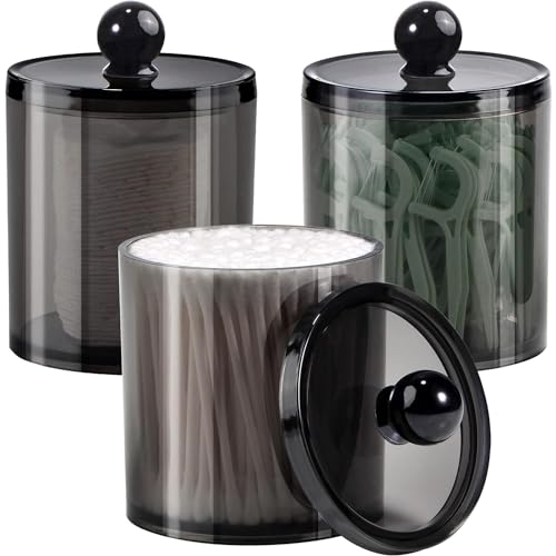 ALINK Kosmetik Organizer, 3 Stk Wattestäbchen Halter, schwarze Apothekergläser für Badezimmer, für Wattebausch,Wattestäbchen,Runde Wattepads,Zahnseide,Make-up-Schwämme,Haarspangen