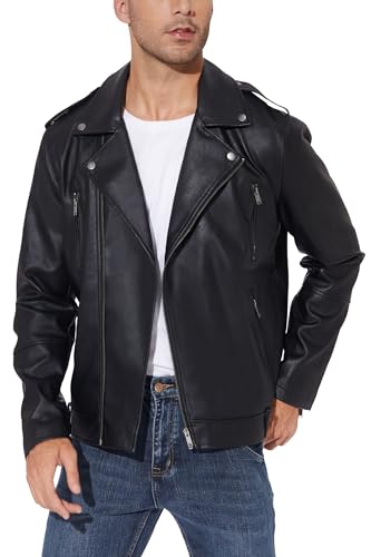 Fahsyee Lederjacke Herren, Kunstlederjacke Bomber Männer Motorrad Revers Zip-Up Slim Fit Biker Mantel Schwarz XL