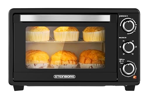 Steinborg® 25 Liter Mini Backofen mit Umluft Pizza Ofen inkl. Backblech und Grillrost Miniofen 60 Min. Timer – 1.600 Watt