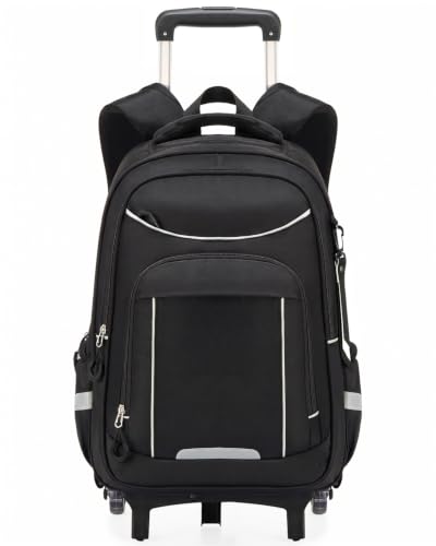 Tanou Trolley Rucksack für Jungen, 30L Schulrucksack Teenager mit Rollen | Wasserdichter Schultasche Trolley Jungen mit Verstaubare Schultergurte, 6 Räder Lässiger Daypack, Schwarz-Weiß