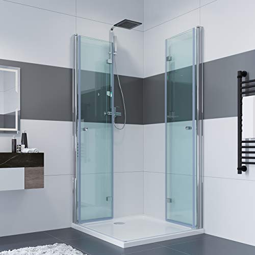 IMPTS 90 x 90 x 185 cm Duschkabine Eckeinstieg Doppel Falttüren 180º Eckig Dusche Duschwand Duschabtrennung, aus Glas