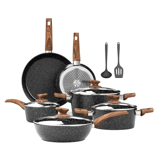 Kitchen Academy Induktion Töpfe Set - 12-teilige Schwarze Granit Kochtöpfe Set,Antihaft Topfset und Pfannen Set,PFOA & PFOS-freie