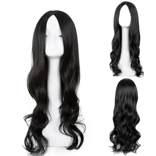 Schwarze Perücke für Damen Lang (28 Zoll / 70 cm) - Lockige Gewellt Volle Hitzebeständige Synthetik Perücke mit Seitenscheitel für Cosplay, Party, Karneval & Tägliches Tragen