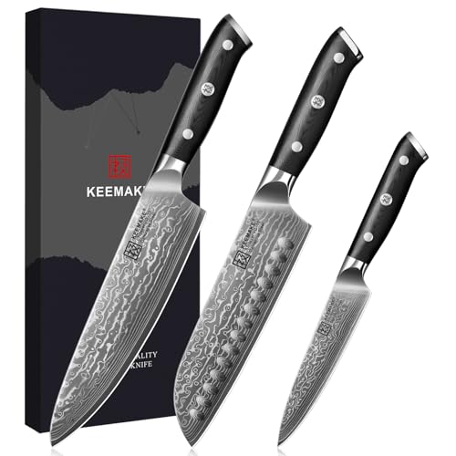 KEEMAKE Damastmesser Set 3 teilig - Küchenmesser Set aus 67 Lagen Damaststahl mit Ergonomischer G10 Griff, Scharfes Kochmesser, Santokumesser und Allzweckmesser für Küche, Perfekte Vatertagsgeschenk