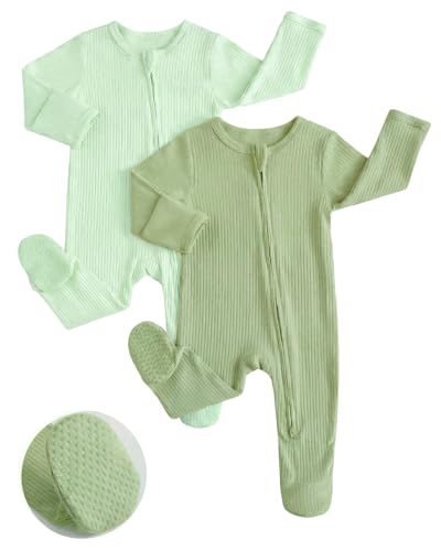 JiAmy Baumwolle Baby Schlafanzug 2er-Pack, Langarm Neugeborene Baby Jungen Mädchen Strampler Babykleidung Bekleidung Grün 0-3 Monate