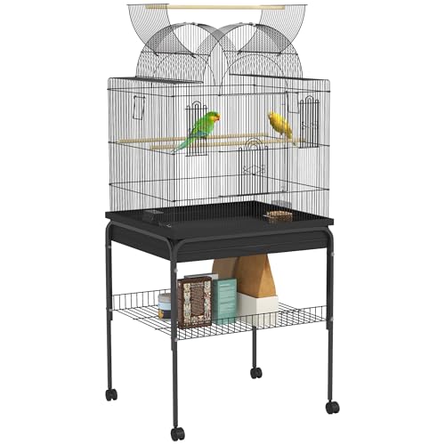 PawHut Vogelkäfig Wellensittichkäfig mit Tablett, Ablagefläche, Futternapf, Papagei Käfig mit Rollen für Wellensittich, Kanarien, Nymphensittich, Stahl 63 x 53 x 144 cm Schwarz