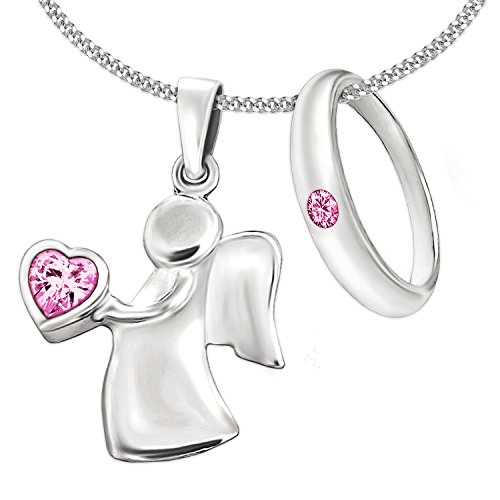 CLEVER SCHMUCK Mädchen Halskette 2 Anhänger Engel 15 mm mit Zirkoniaherz in der Hand und Taufring mit rosa Zirkonia & Kette Panzer 38 cm STERLING SILBER 925 im Etui