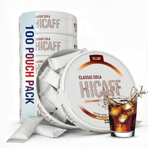 HiCAFF Starker Koffein Snus - 5 PACK 100 MG CAFFEINE - SUGAR FREE - Hergestellt in Schweden - Instant Energy Koffein Pouches - 20 sachets/jar
