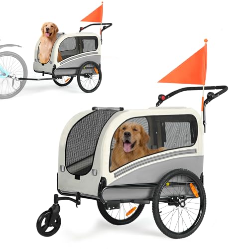 Fiximaster 2-in-1 XXL Fahrradanhänger für Hunde, Faltbarer Hundeanhänger mit Dachöffnung, Reflektoren & Reflexstreifen, Universal-Fahrradkupplung, Höhenverstellbarem Schiebegriff (Grau/weiß)