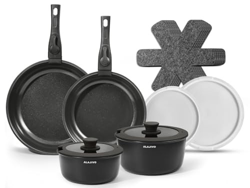 Keramik Topfset mit Abnehmbarer Griff, 14-Teilig Pfannenset mit Antihaft Beschichtet, Topf Induktion Kochtopf Set mit Deckel, 24/28cm Bratpfanne, für Alle Herdarten, Backofenfest, Ofenfest