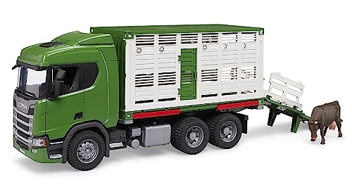 bruder 03548 - Scania Super 560R Tiertransporter LKW mit 1 Rind - 1:16 Fahrzeuge, Lastwagen, Vieh Anhänger, Spielzeug ab 4 Jahre