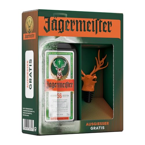 Jägermeister exklusives Geschenkset | mit GRATIS Hirschkopf Ausgiesser und 0,7l Kräuterlikör 35% Vol. | 56 erlesene Kräuter | Im Eichenfass gelagert | Das Original aus Wolfenbüttel