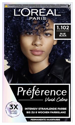 L'Oréal Paris Intensive dauerhafte Haarfarbe, Bis zu 8 Wochen glänzendes Haar und intensive Farbe, Préférence Vivid Colors, Farbe: 1.102 BLUE BLACK, 1 Stück