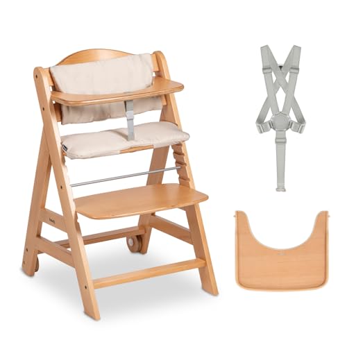 hauck Beta+, Natural - Mitwachsendes Kinderhochstuhl Set ab 6 Monaten bis 90 kg mit Rädern, Sitzkissen, Großes Essbrett, Kleiner Schutzbügel, 5 Punkt Gurt Sicherheitsgurt & Schrittgurt