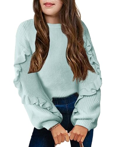 Arshiner Mädchen Pullover Laternenärmel Kinder Warm Strickpullover Lose Rundhals Winter Langarm Oberteile für Mädchen 11-12 Jahre Hellblau