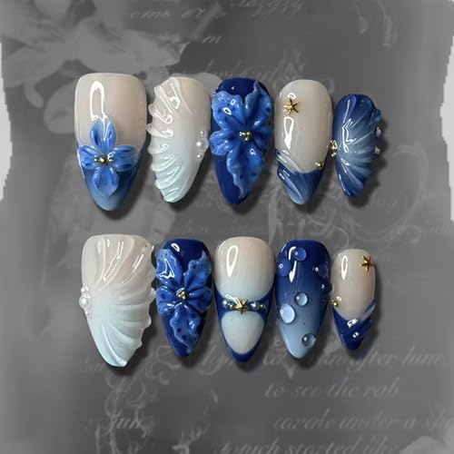 Nymora 24 Stück French Nails Press-on Nägel Design, Dunkelblaue Acryl-Kunstnägel mit Ozean-Motiven, Kurze Mandelform, 3D-Textur Klebenägel Fingernägel